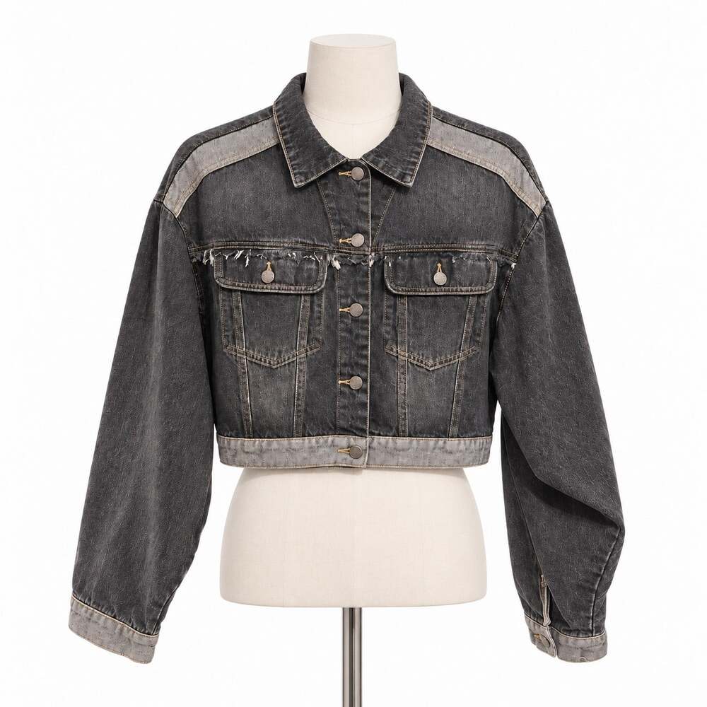 SHEIN Women Denim Jacket Size S Gray Cropped Distressed Frayed Contrast Trim
